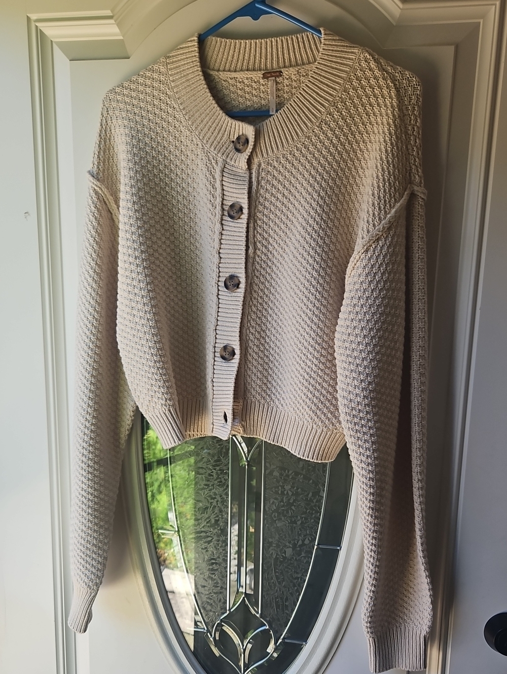 Free People Cream Cropped Button-Front Textured Cardigan